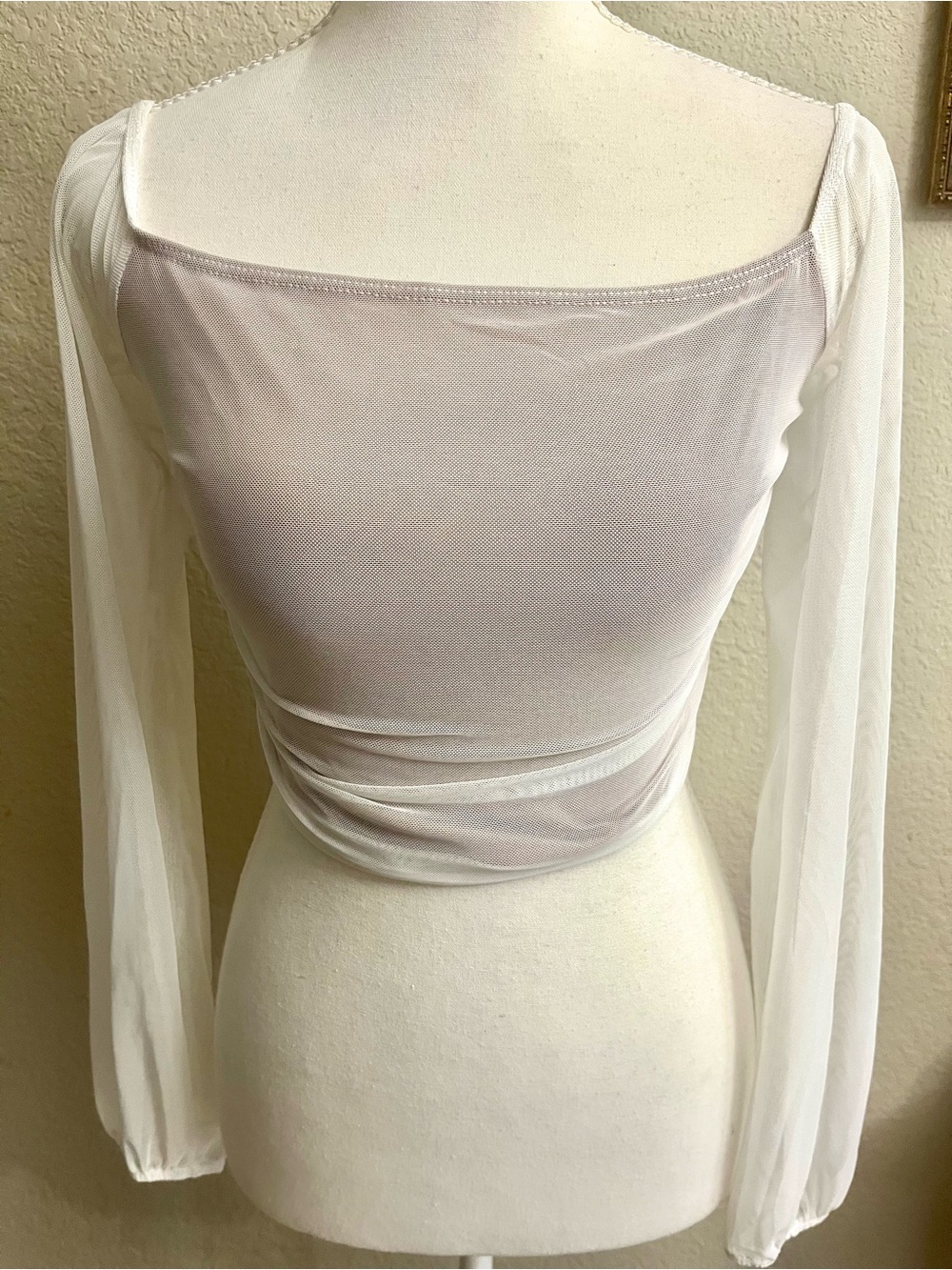 Blue Blush Sheer White Square Neck Long Sleeve Women's Top